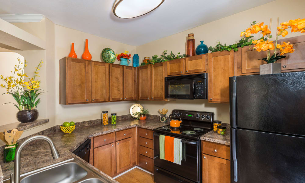 Plank flooring and black on black appliances at Villas at Medical Center in San Antonio