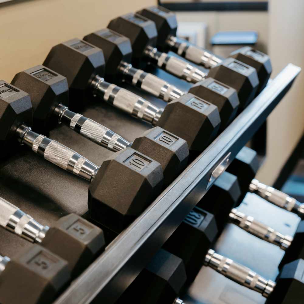 Dumbells in the fitness center at Morada in Crystal, Minnesota
