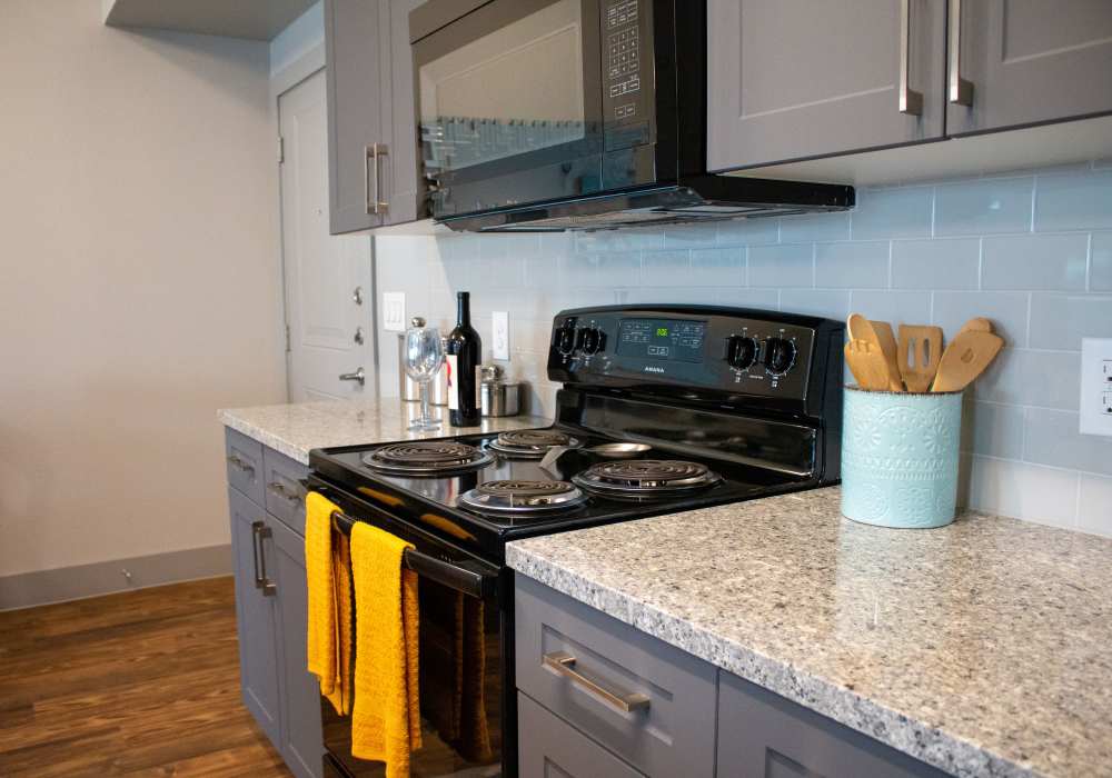 Kitchen with dishwasher, electric stove, oven and cabinets at The Bammel in Houston, Texas