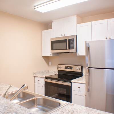 Kitchen with stainless-steel appliances at Lakeview in Reno, Nevada