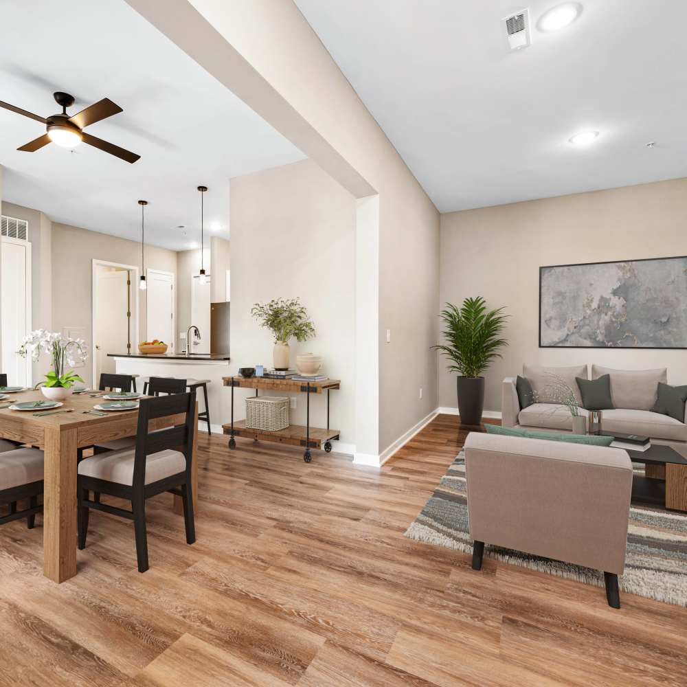 Living room with close access to dining area at Neo Vantage Point in Maryland Heights, Missouri