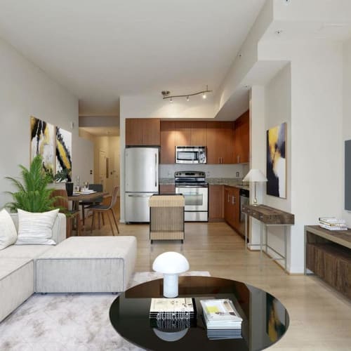 Modern living room with an open concept at Solaire 1150 Ripley in Silver Spring, Maryland