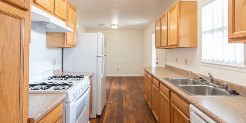 A fully-equipped kitchen at Pomerado Terrace in San Diego, California