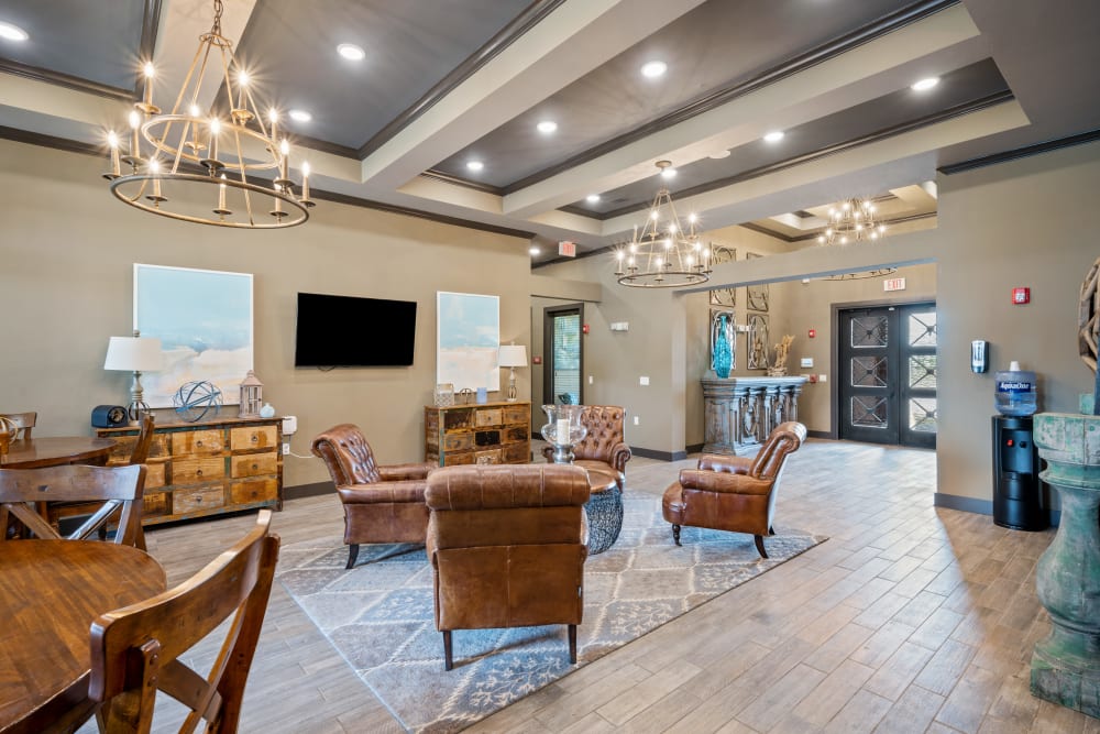 Clubhouse kitchen and lounge area at The BLVD in San Angelo, Texas