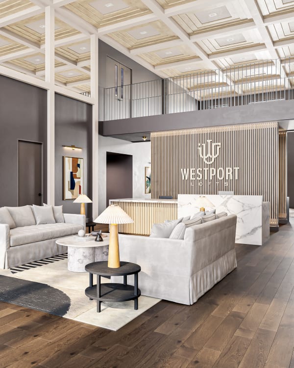 Foyer and reception area with lots of seating at Westport Lofts in Belville, North Carolina