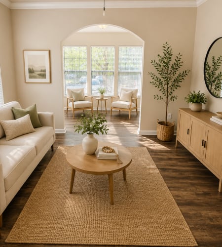 Living room opening up into the sunroom of an apartment at Crescent Park Commons in Greer, South Carolina
