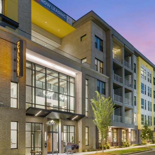 Night view of an apartment at The Calvert in Charlotte, North Carolina