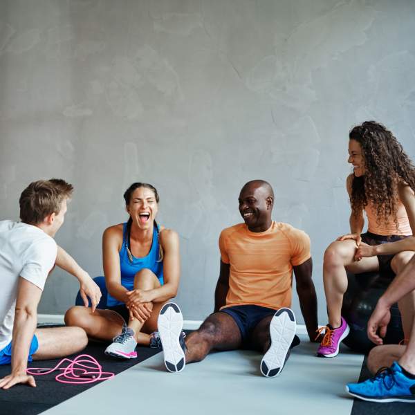 Residents hang out after a fitness session at The Plaza Taos, Chandler, Arizona