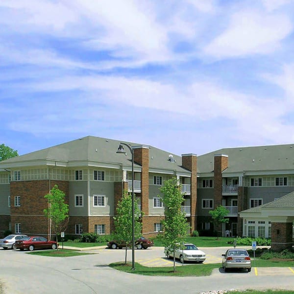 Exterior of independent living apartment building at Randall Residence of McHenry in McHenry, Illinois