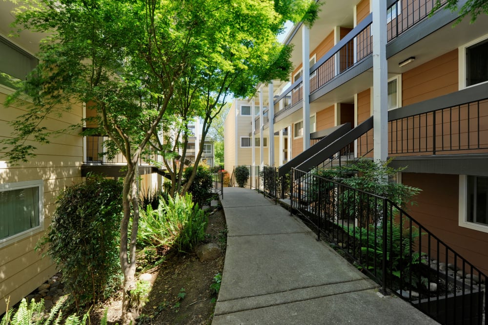 Walking path between apartment buildings at Bidwell Park Fremont in Fremont, California