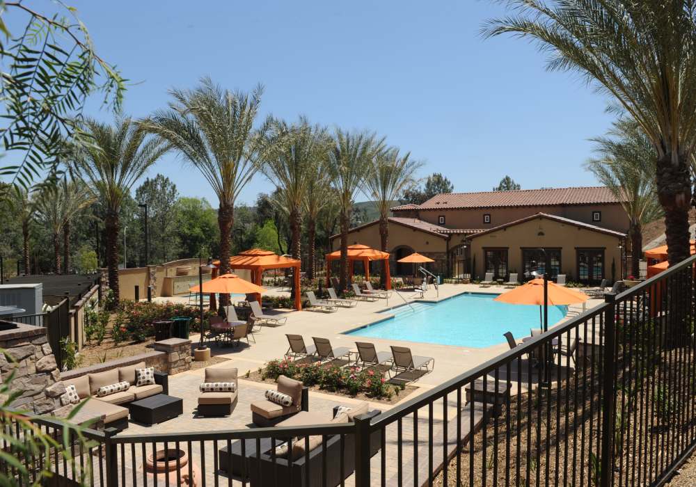 A serene oasis featuring a sparkling water pool surrounded by vibrant palm trees, spacious sun loungers, and charming cabanas, perfect for relaxation and enjoyment at Cresta Bella in San Diego, California