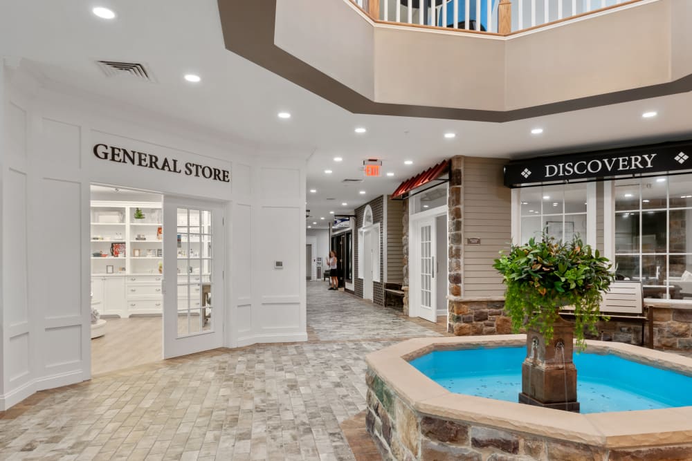 The front lobby with fountain at Merrill Gardens at West Chester in West Chester, Pennsylvania