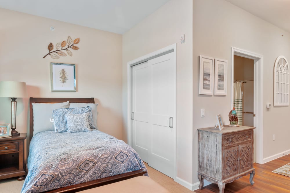 Resident bedroom at Merrill Gardens at West Chester in West Chester, Pennsylvania. 