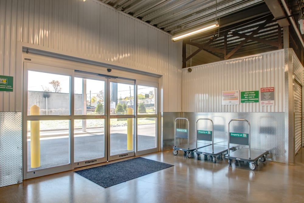 Entrance with complimentary moving carts available for customers at Metro Self Storage in Wood-Ridge, New Jersey