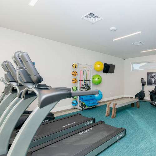 Cardio machines and weights in the high-tech fitness center at Elevate at Skyline in McKinney, Texas