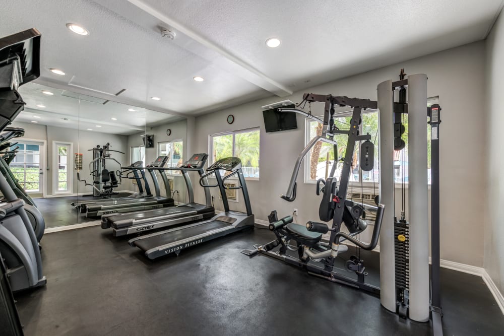 Clean, modern community gym at Kendallwood Apartments in Whittier, California