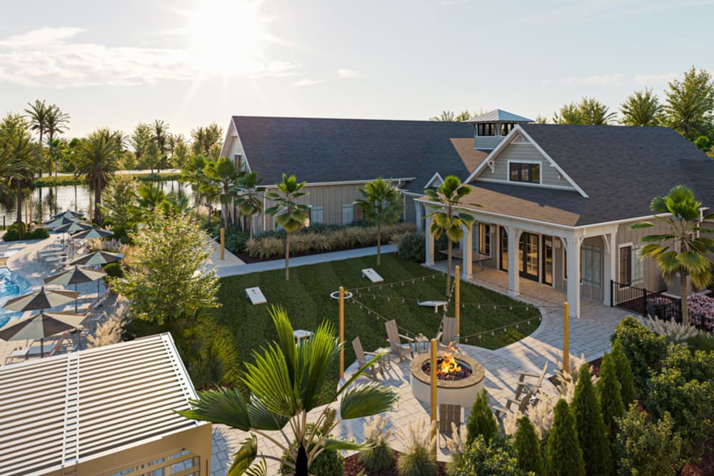 Aerial view of the courtyard and firepit at Primrose at Santa Rosa Beach in Santa Rosa Beach, Florida