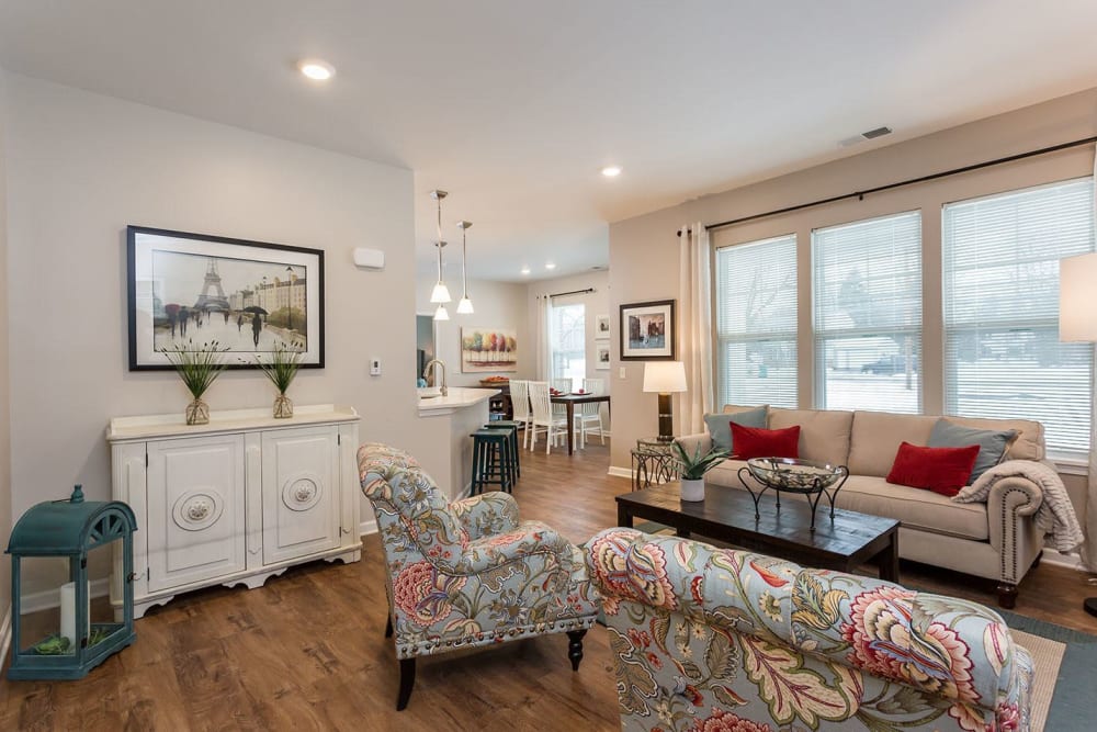 Elegant living room at The Marquis at the Woods in Webster, New York