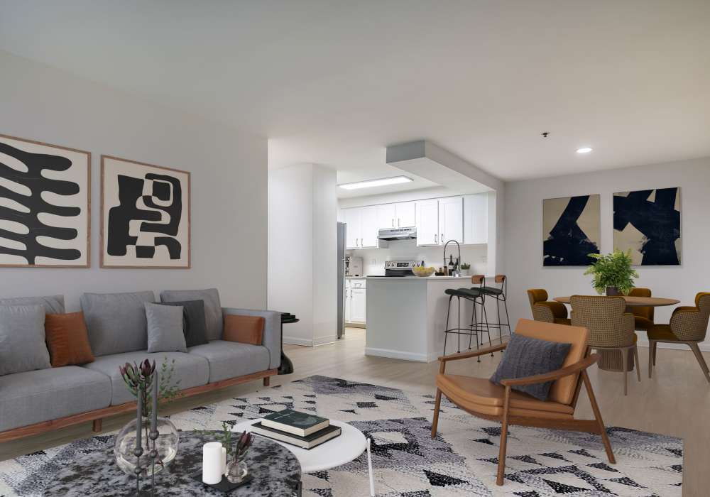 Spacious and modern living room at The Docks at Redmond Lakeview in Redmond, Washington