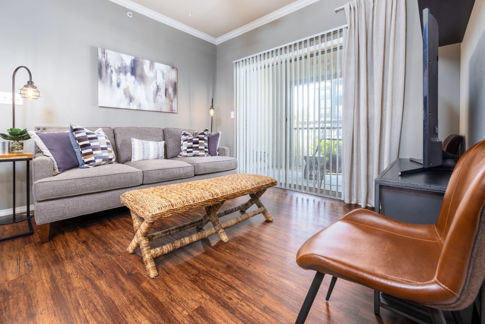 Living area of a model apartment at Carrington Oaks in Buda, Texas