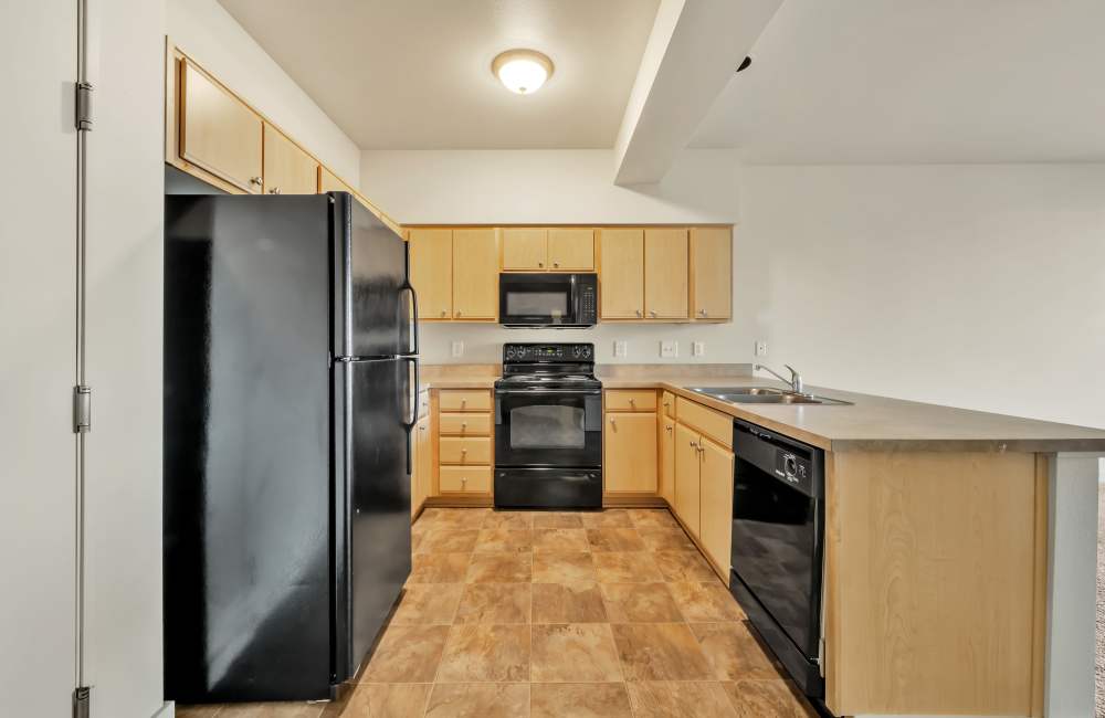Apartment kitchen at North Main Village in Milwaukie, Oregon