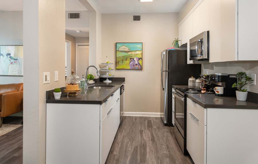 Fully-equipped kitchen at Cotton Wood Apartments in Dublin, California,