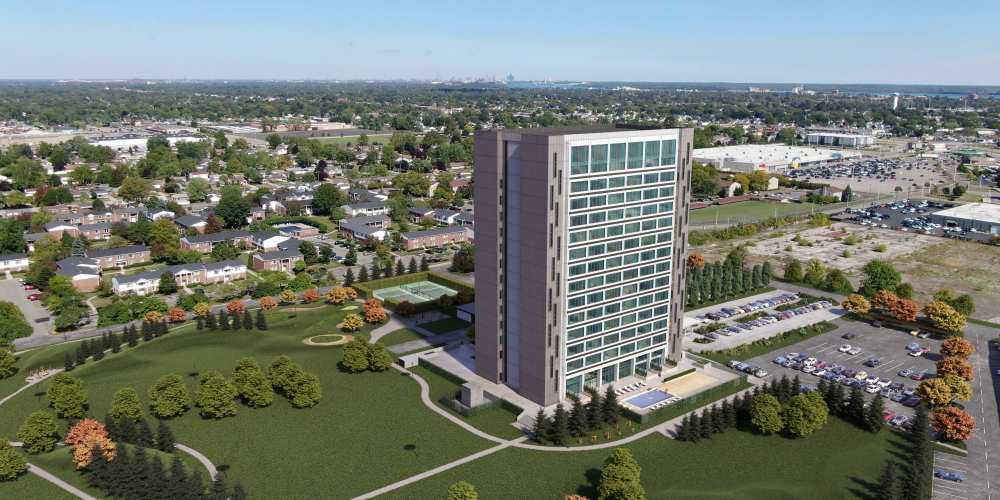 Aerial view of community at The Bank Tower in Southgate, Michigan