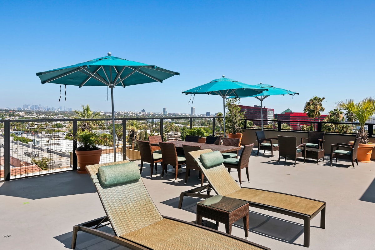 Rooftop patio lounge chairs at Ascent, West Hollywood, California