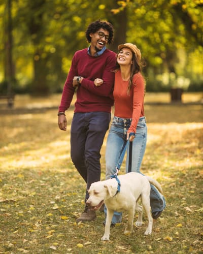 A couple and their dog at Fenton Silver Spring in Silver Spring, Maryland.