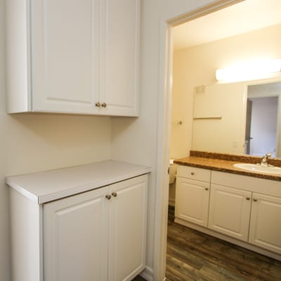 Towel storage next to the bathroom at Beech St. Knolls in San Diego, California