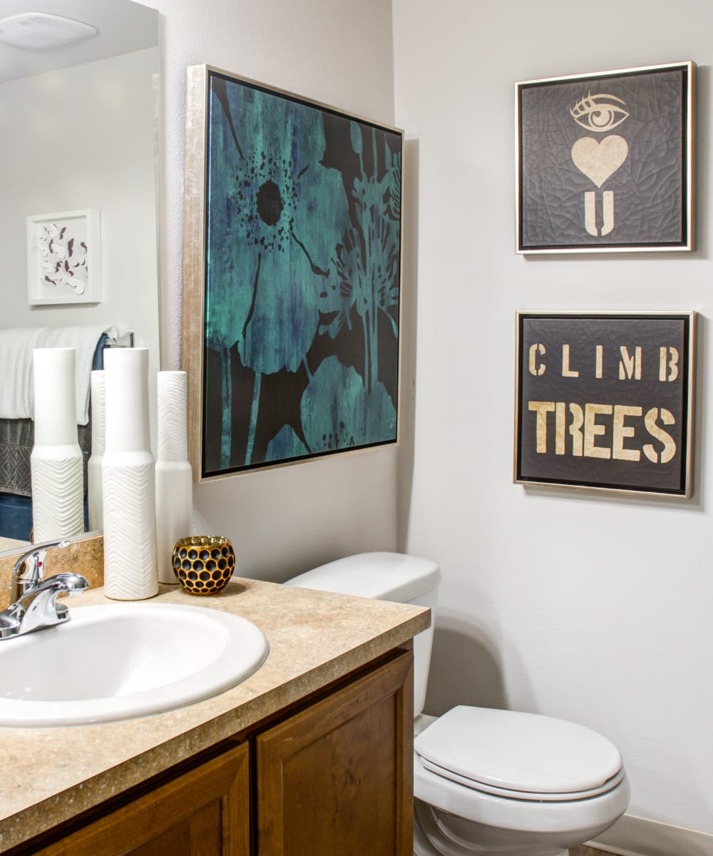 Large vanity mirror and ample counter space in a model home's bathroom at Sofi at Cedar Mill in Portland, Oregon