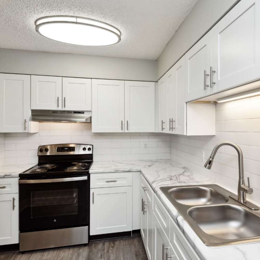 Spacious kitchen with a stove, sink and wooden cabinetry at Meadow Glen Apartments in Springfield, Tennessee