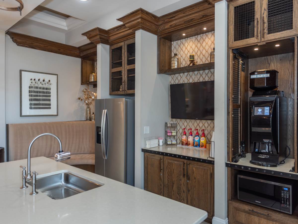 Elegant Coffee Corner in Lounge with Contemporary Décor at Red Knot at Edinburgh in Chesapeake, Virginia.