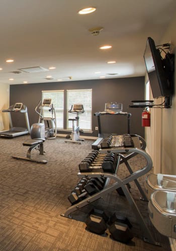 Partial view of the fitness center at Park Villas Apartments in Lexington Park, Maryland