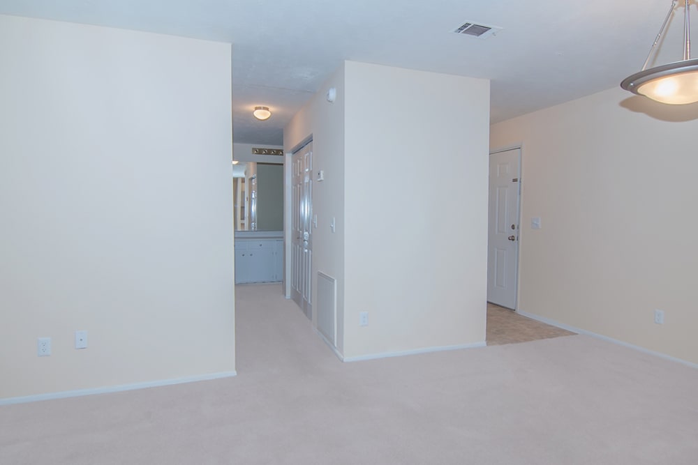 Model living space with white carpet and soft lighting Milgen Village in Columbus, Georgia