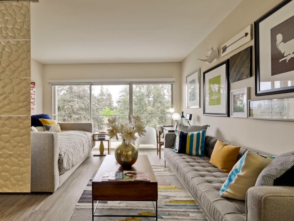 Model studio apartment home's well-decorated living area at Mia in Palo Alto, California