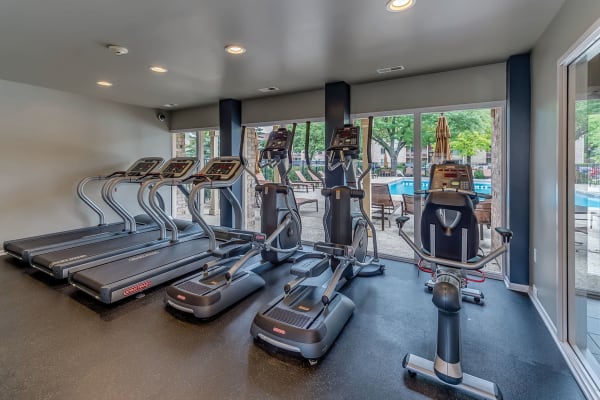 Fully equipped gym with full sized windows at Lakeside Apartments in Lisle, Illinois