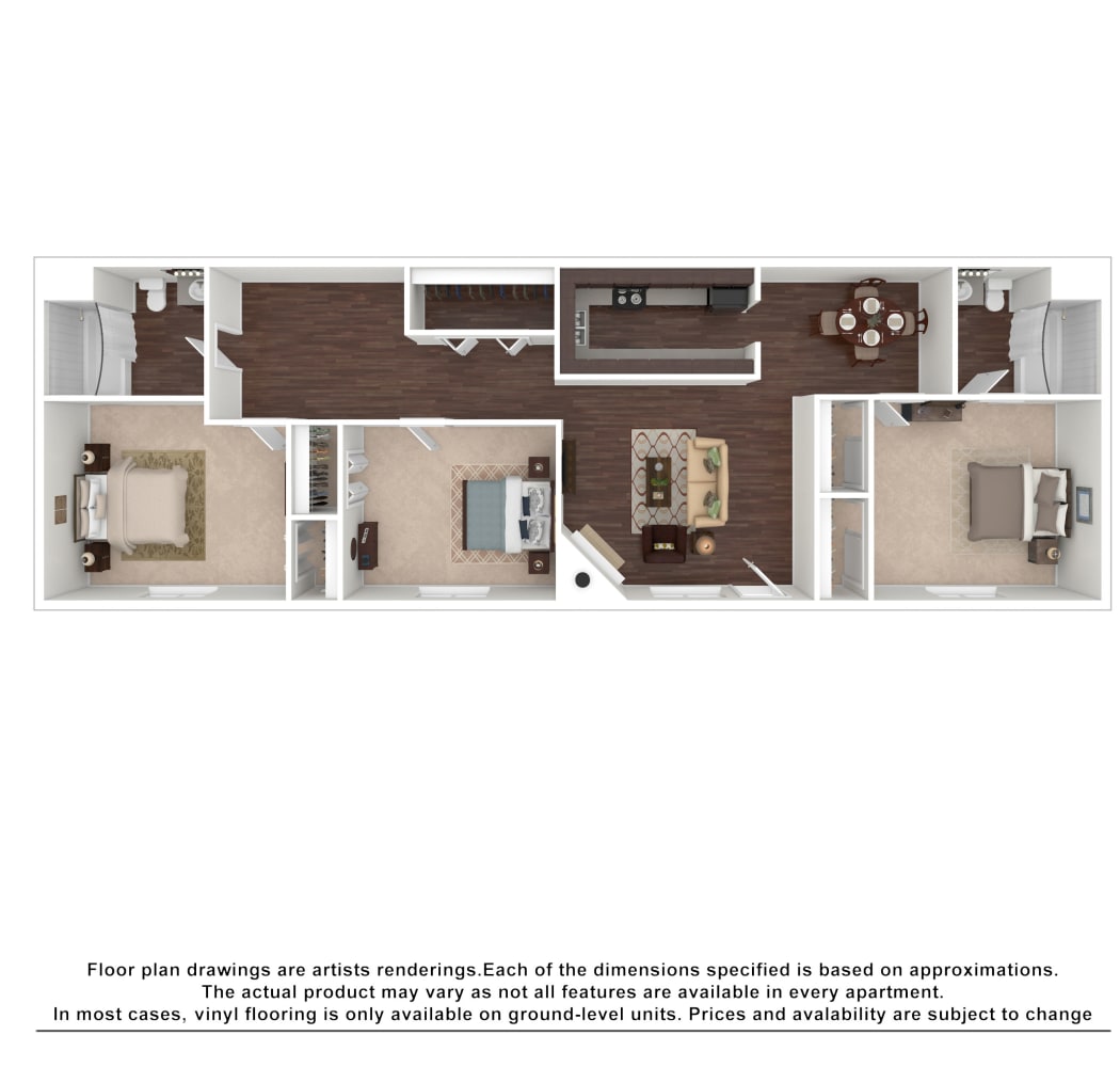 3x2.5 floor plan drawing at The Hills at Oakwood Apartment Homes in Chattanooga, Tennessee