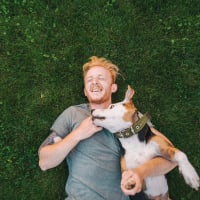 Resident with his dog at Lafayette Oaks in Lafayette, California