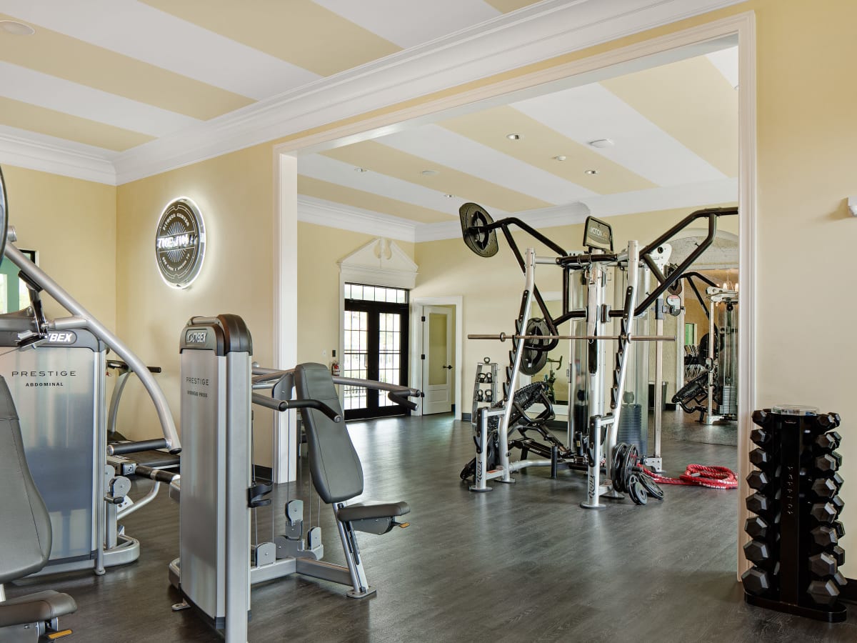 Well-equipped onsite fitness center at The London in College Station, Texas