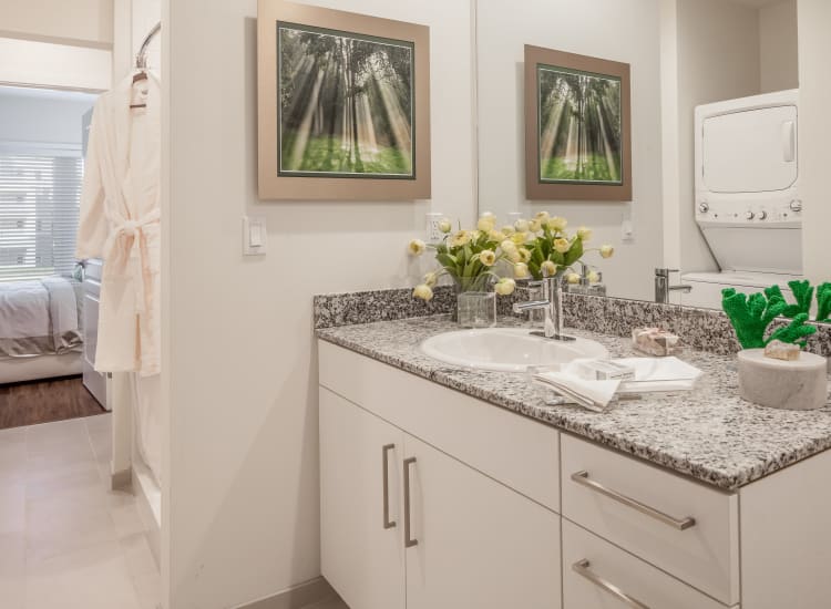 Bright and well-decorated bathroom with a granite countertop in a model resident home at All Seasons Ann Arbor in Ann Arbor, Michigan