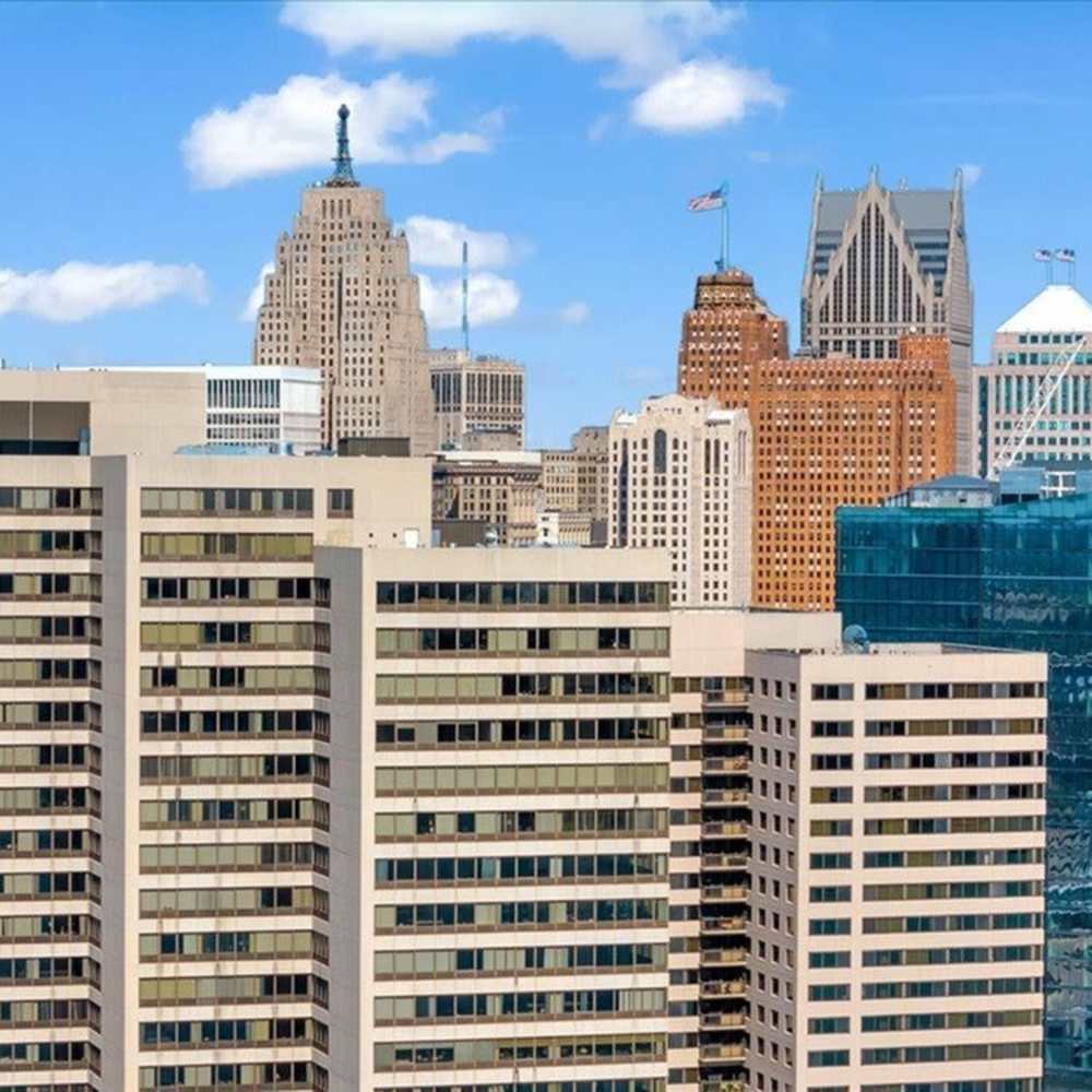 Exterior view of the community building at Riverfront Towers in Detroit, Michigan
