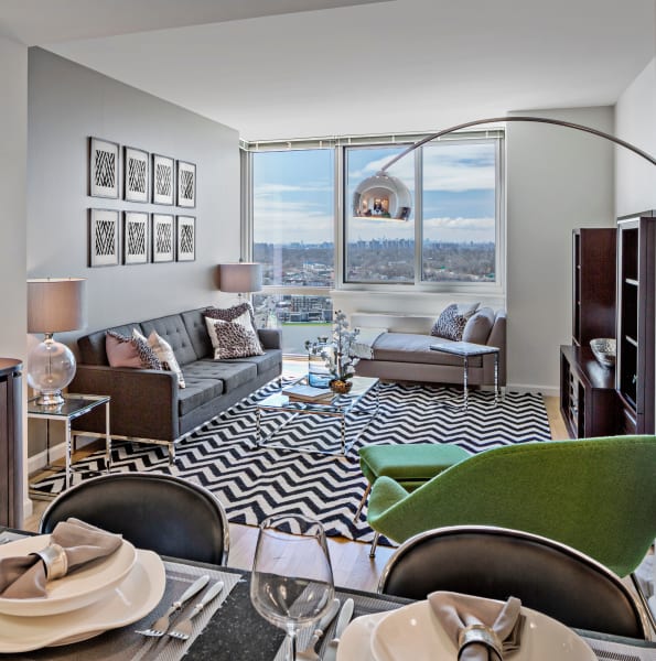 Bright, well decorated living room at Skyline New Rochelle in New Rochelle, New York