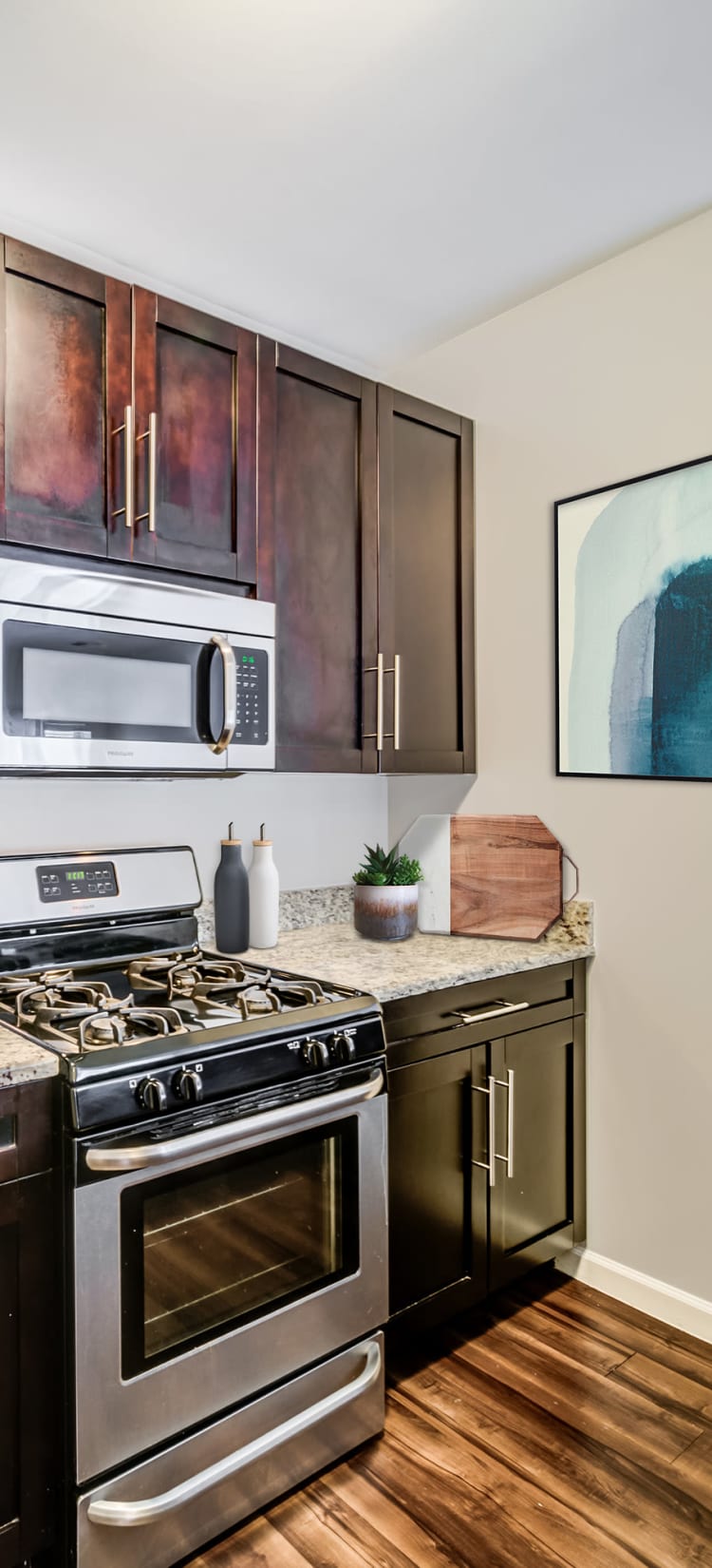 Modern kitchen with sleek, stainless-steel appliances in a model home at Sofi Gaslight Commons in South Orange, New Jersey