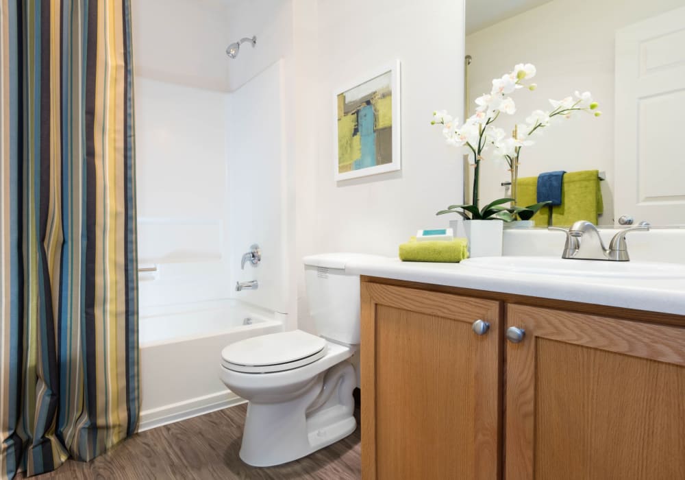 Model bathroom with wood-style flooring at Avery at Orenco Station in Hillsboro, Oregon