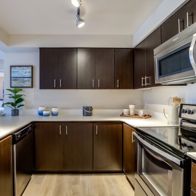 Modern kitchen with stainless-steel appliances, including dishwasher and microwave, in a model home at Vue Issaquah in Issaquah, Washington