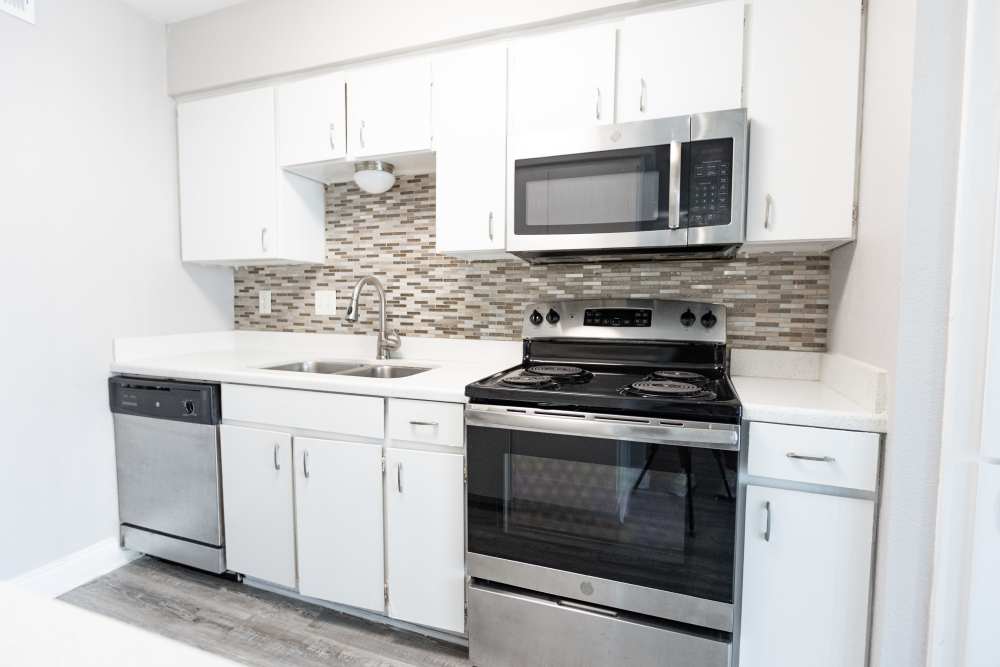 Modern kitchen with sleek appliances and stylish backsplash at San Mateo Forest in Dallas, Texas.
