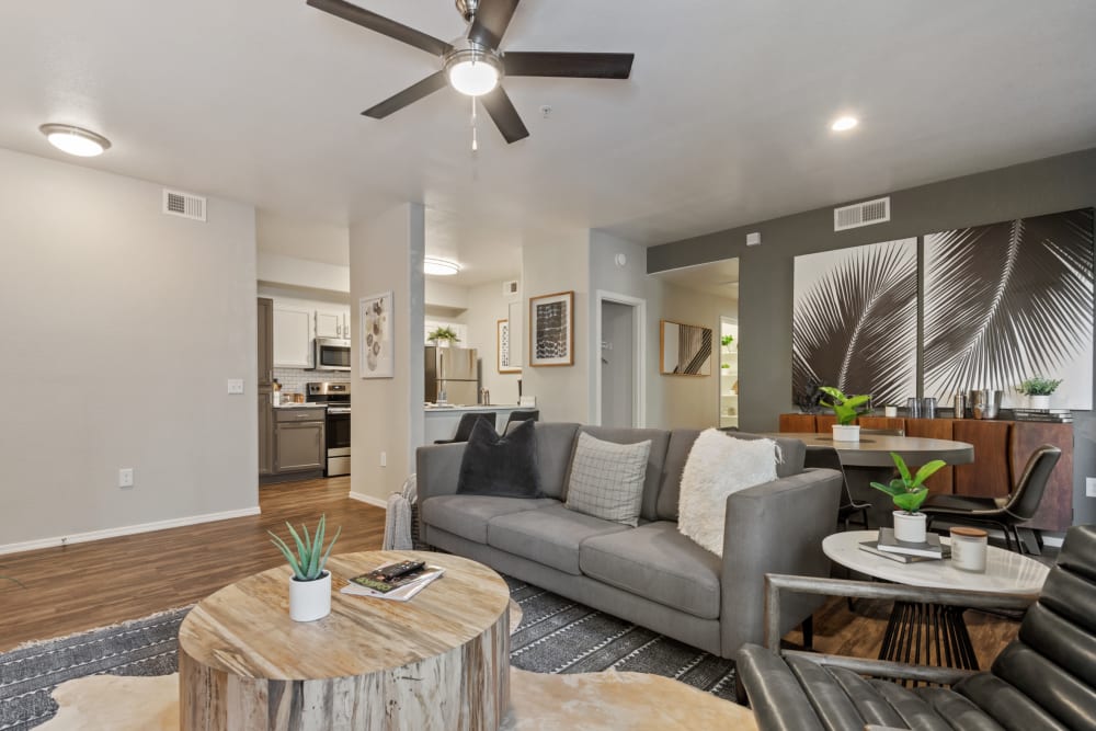 Cool modern decor in the spacious model living room at Luna at Fountain Hills in Fountain Hills, Arizona