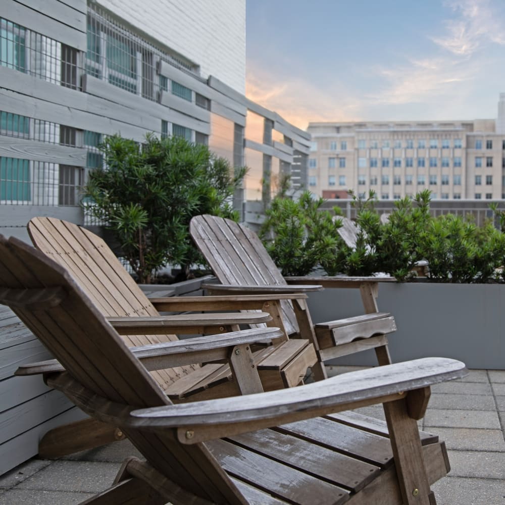 Wooden lounge chairs at 440 on Third Apartments in Baton Rouge, Louisiana