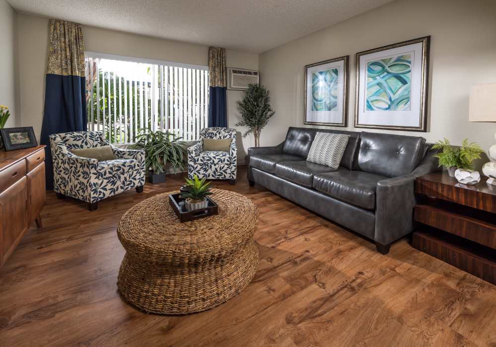 Living room at UCE Apartment Homes in Fullerton, California  